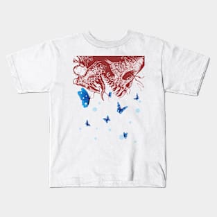 skulls and blue butterflies flying around it Kids T-Shirt